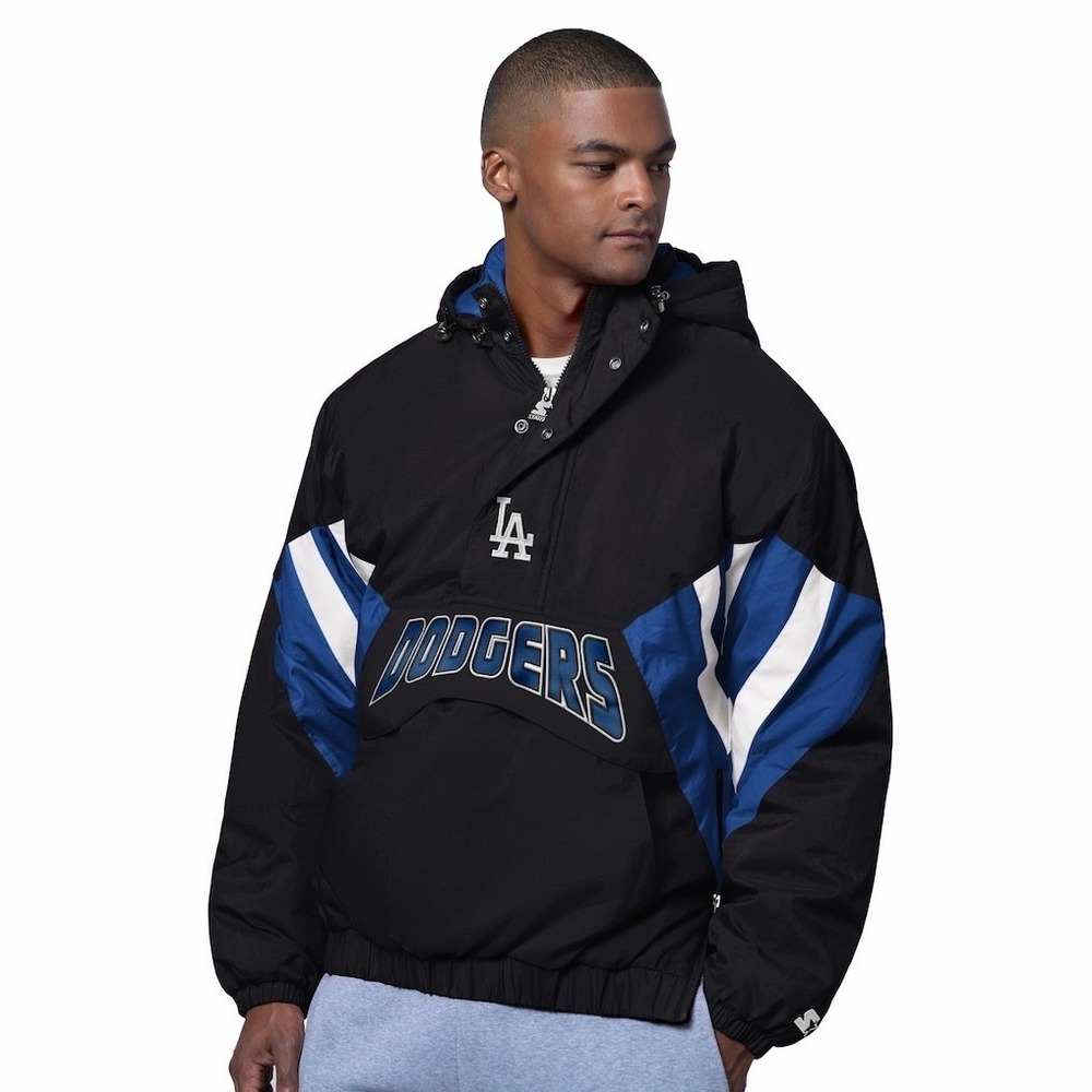 Los Angeles LA Dodgers Men's Large STARTER Hidden 1/4 Zip Hooded Jacket Black